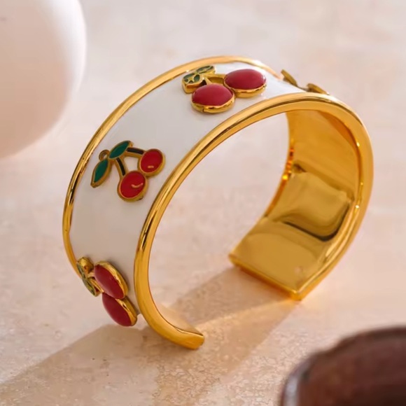 Anthropologie Jewelry - Red Cherry 18K Gold Stainless Steel Enamel Bangle Bracelet
